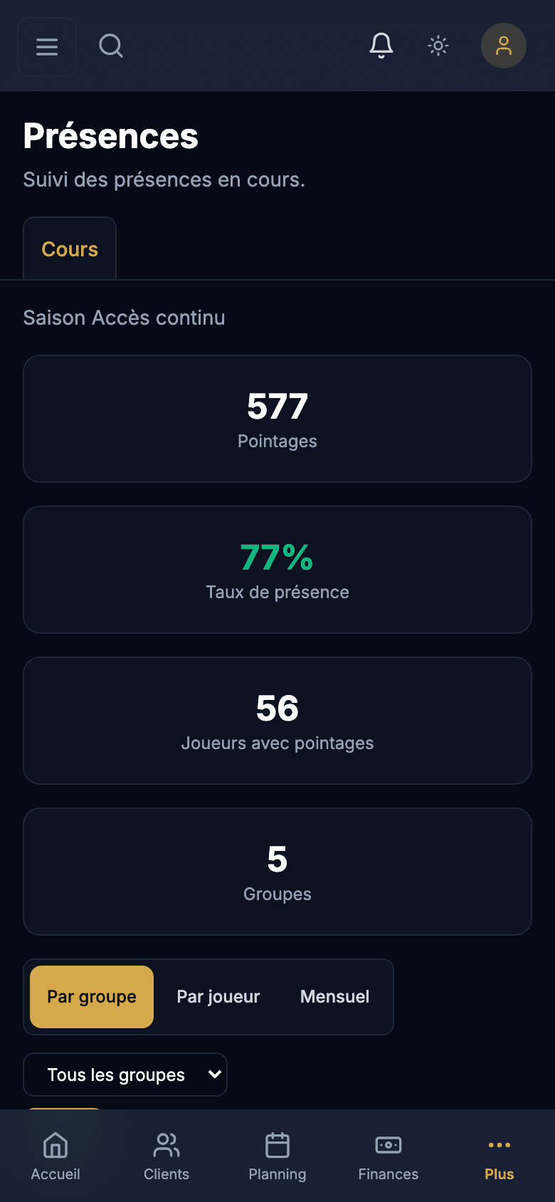 Écran de présences avec la liste des adhérents du cours
