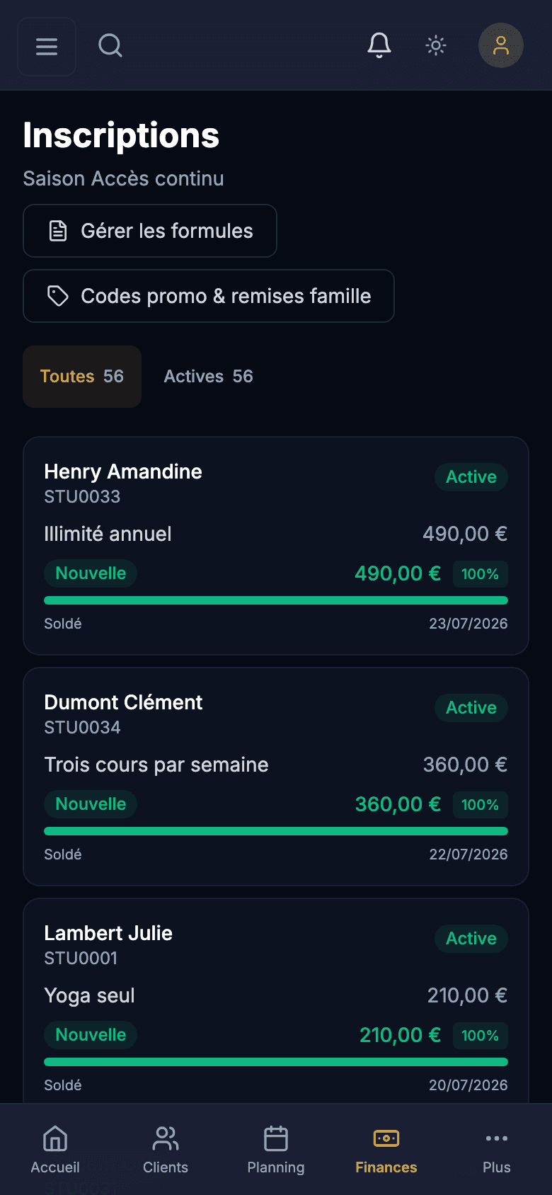 Liste des inscriptions avec état des paiements et échéanciers