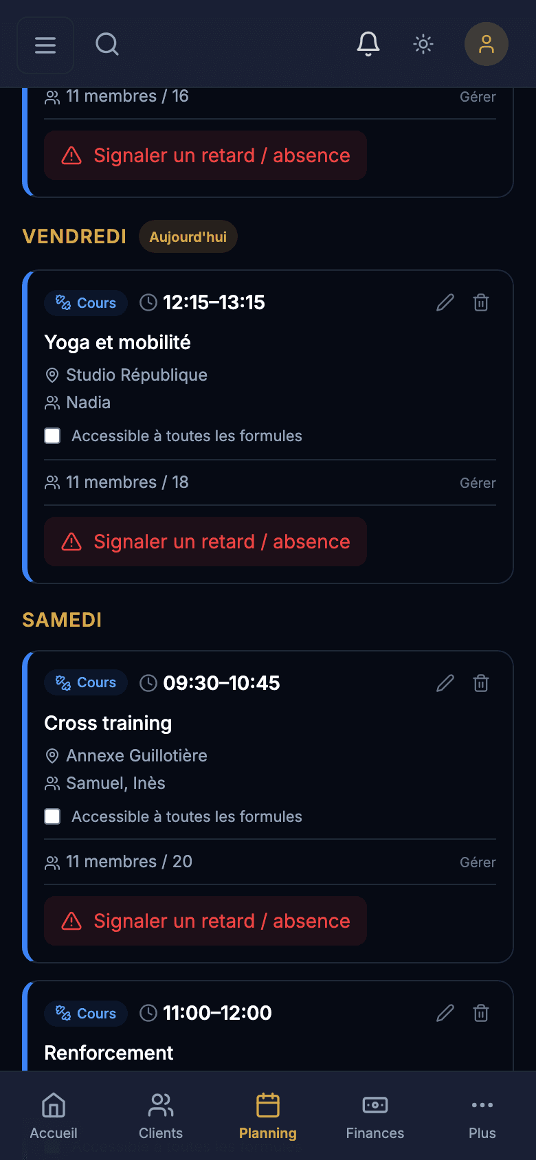 Planning hebdomadaire des cours de la salle