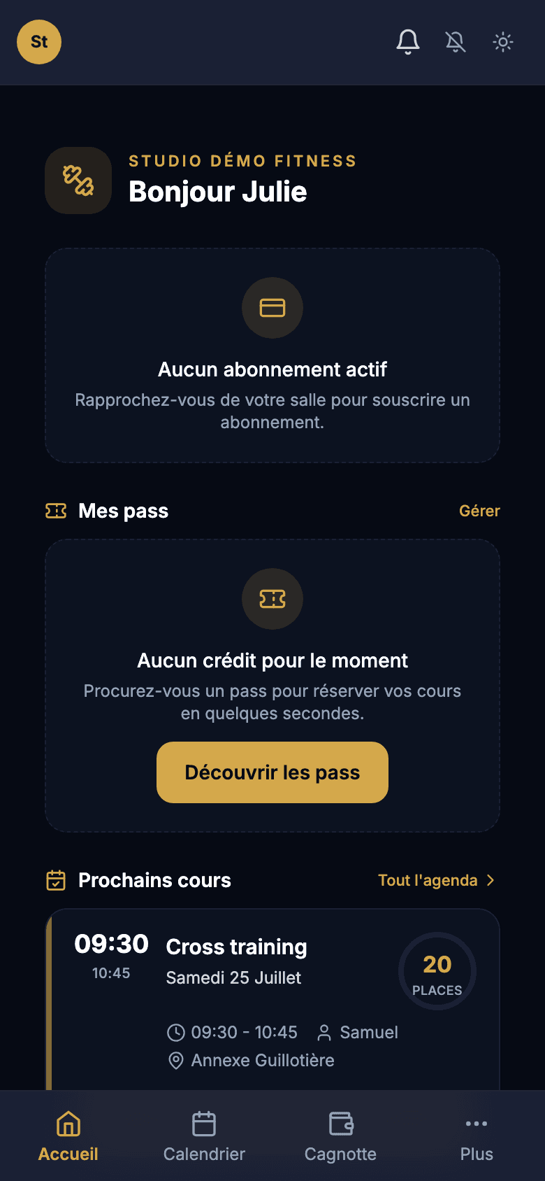 Espace adhérent sur téléphone avec les cours de la semaine