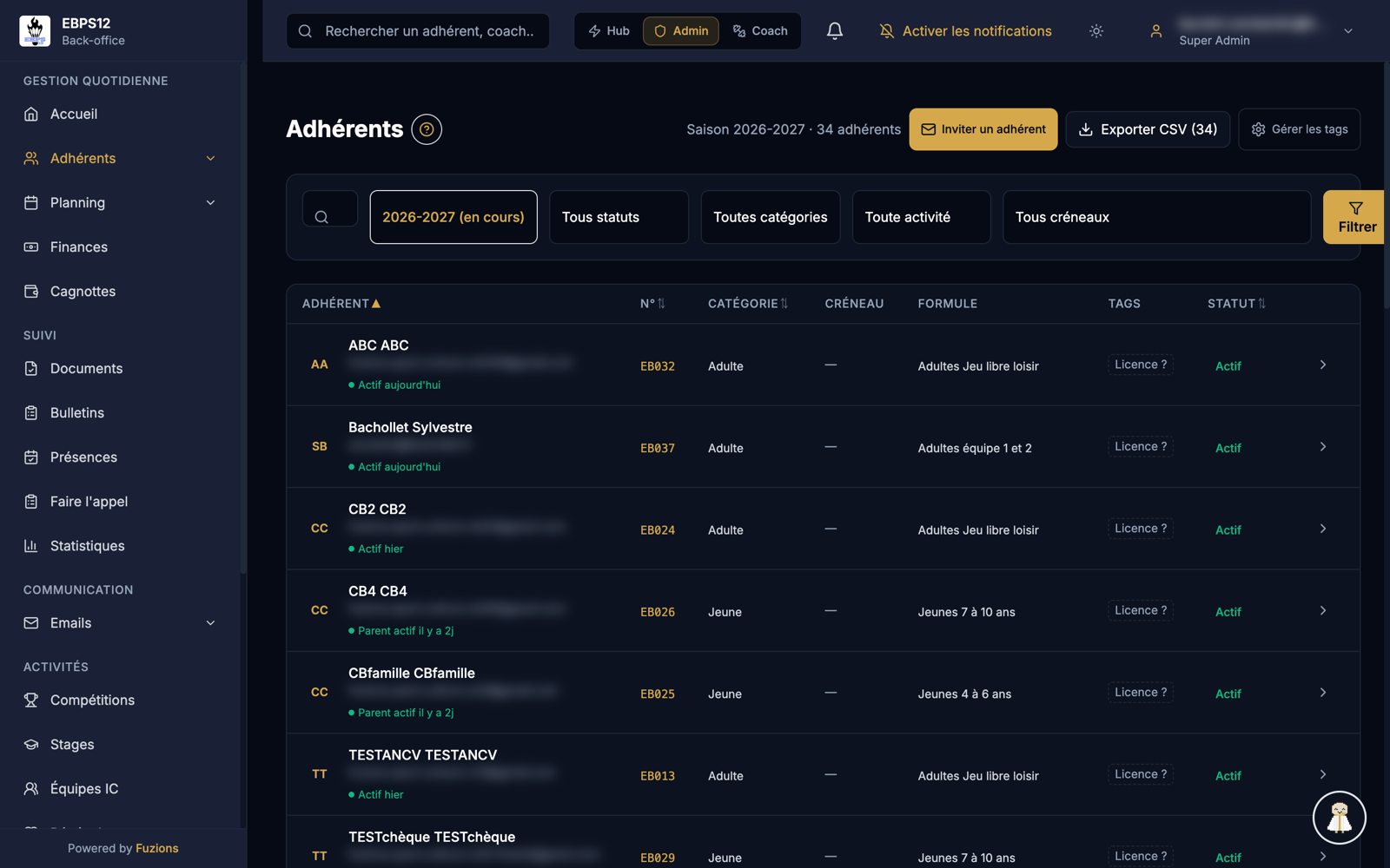 Liste des adhérents dans Fuzions Club Manager
